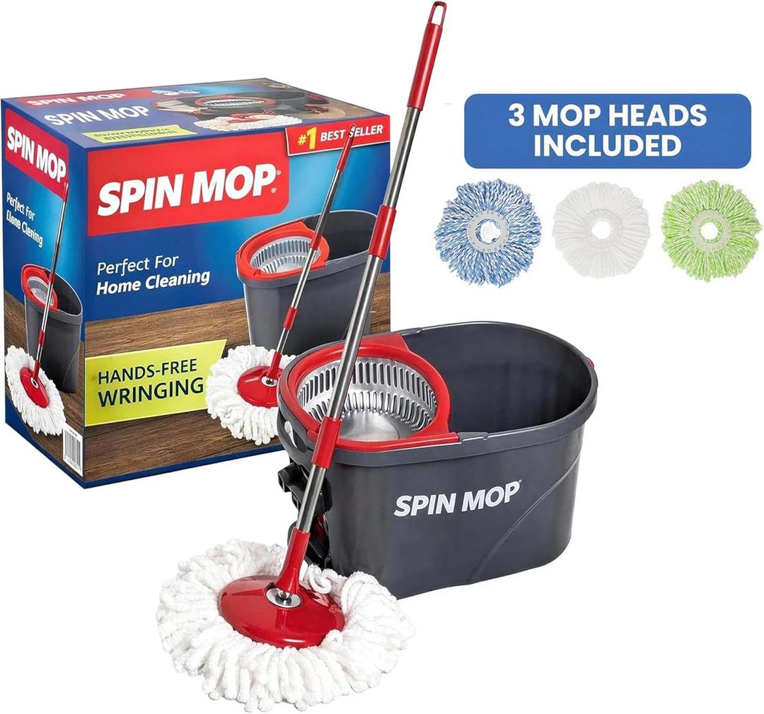 SIMPLI-MAGIC 360 Spin Mop and Bucket with Wringer  10,000 Spin Cycles  3 High-Absorbent Microfiber Replacement Heads  Mop and Bucket Set for All Types Floor Cleaning