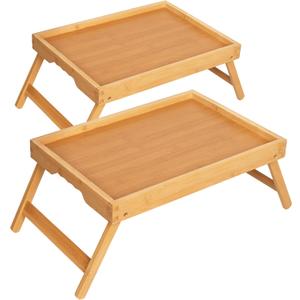Breakfast Tray with Folding Legs Set of 2, Bamboo Bed Tray Table 15.7" Foldable TV Dinner Tray with Ergonomic Wave Handles for Bed Couch Sofa, Breakfast, Snacks, Coffee, Natural