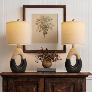 OYEARS 19" Table Lamps Set of 2, Bedside Lamps for Bedroom, Boho Lamps for Living Room, Rustic Lamps for Office, Vintage Design Nightstand Lighting (Bulb Not Included, Black)