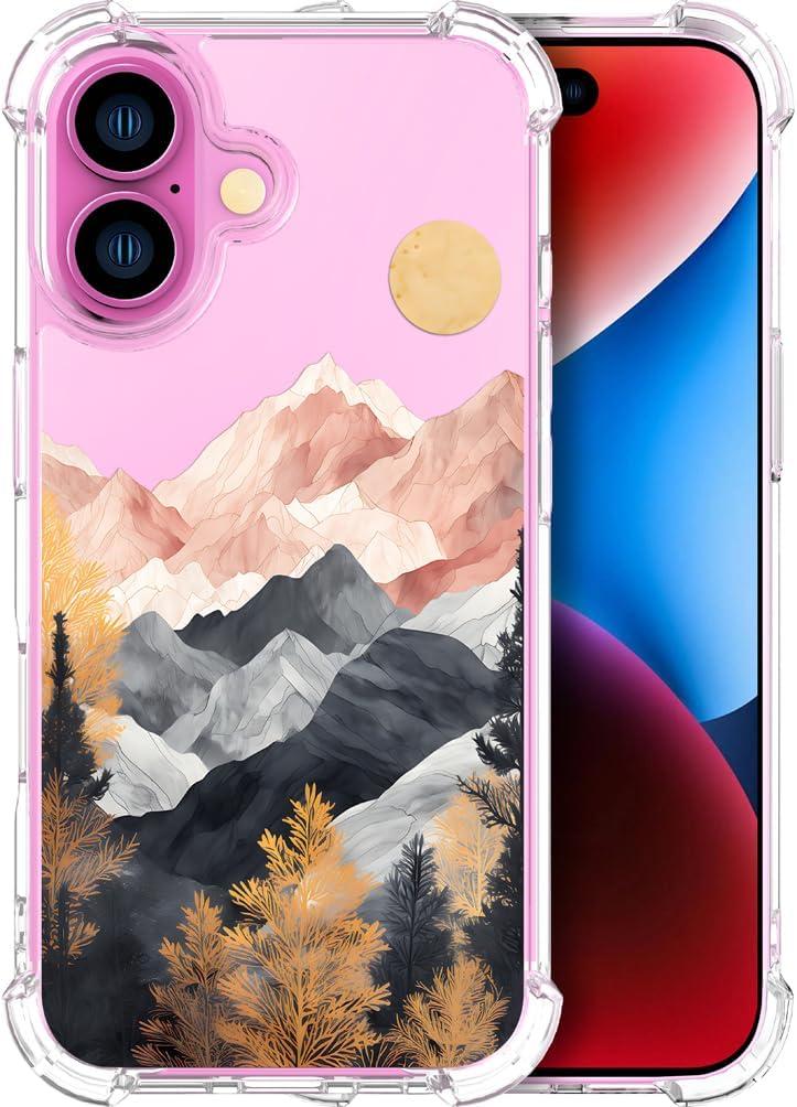 Cases Compatible with iPhone 16 Case for Women Cute Phone Case Clear Design, 16 Case Transparent Cool Kawaii Protective,Beautiful Mountain Hill Landscape