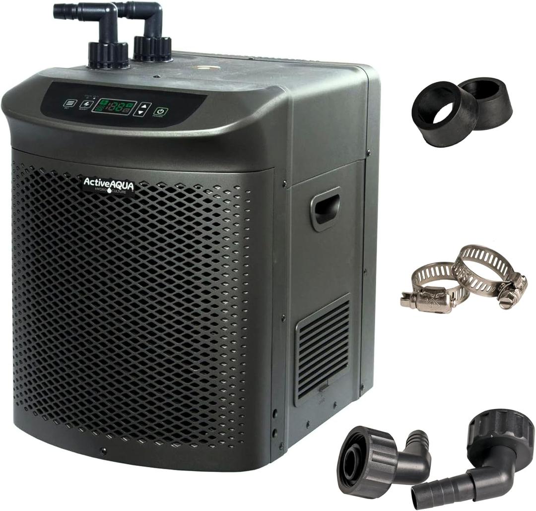 Active Aqua AACH50HP Water Chiller for Aquarium, Hydroponics, Bathtub  0.5 HP, Fast Cooling, 90-172 Gallons, Titanium Evaporator  Fittings Included
