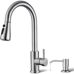 Kitchen Faucet with Soap Dispenser, Hiqufet Brushed Nickel Kitchen Faucet with Pull Down Sprayer, 3 Mode High Arc Single Handle RV Sink Faucet