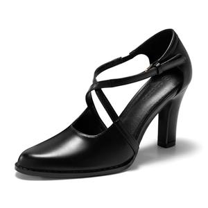 Coutgo Womens Chunky High Heels Dress Shoes Closed Pointed Toe Cross Strap Buckle Pumps Vintage D'Orsay Party Shoes, Black, Size 7