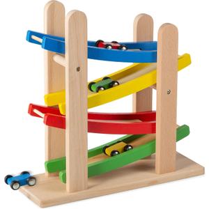 Play22 Wooden Car Ramps - 4 Level Race Track With 4 Toy Cars - My First Baby Toys - Toddler Car Set is A Great Gift for Boys and Girls