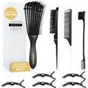 Hair Brush Set for 3a,4c,Wig/Thick/Wavy/Curly/Slick Back Hair Brushes,Rat Tail Combs,8-Row,Edge Brush,For Detangling,Braiding,Teasing,Parting,Styling,Kids,Girls,women(Black)