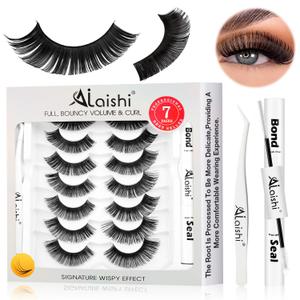 Wispy False Eyelashes Kit With Bond, Seal and Tweezer, 7 Pairs Natural Look Fake Cat Eye Lashes Strips Thin Band Extensions Waterproof Easy Eyelashes for Beginners DF100