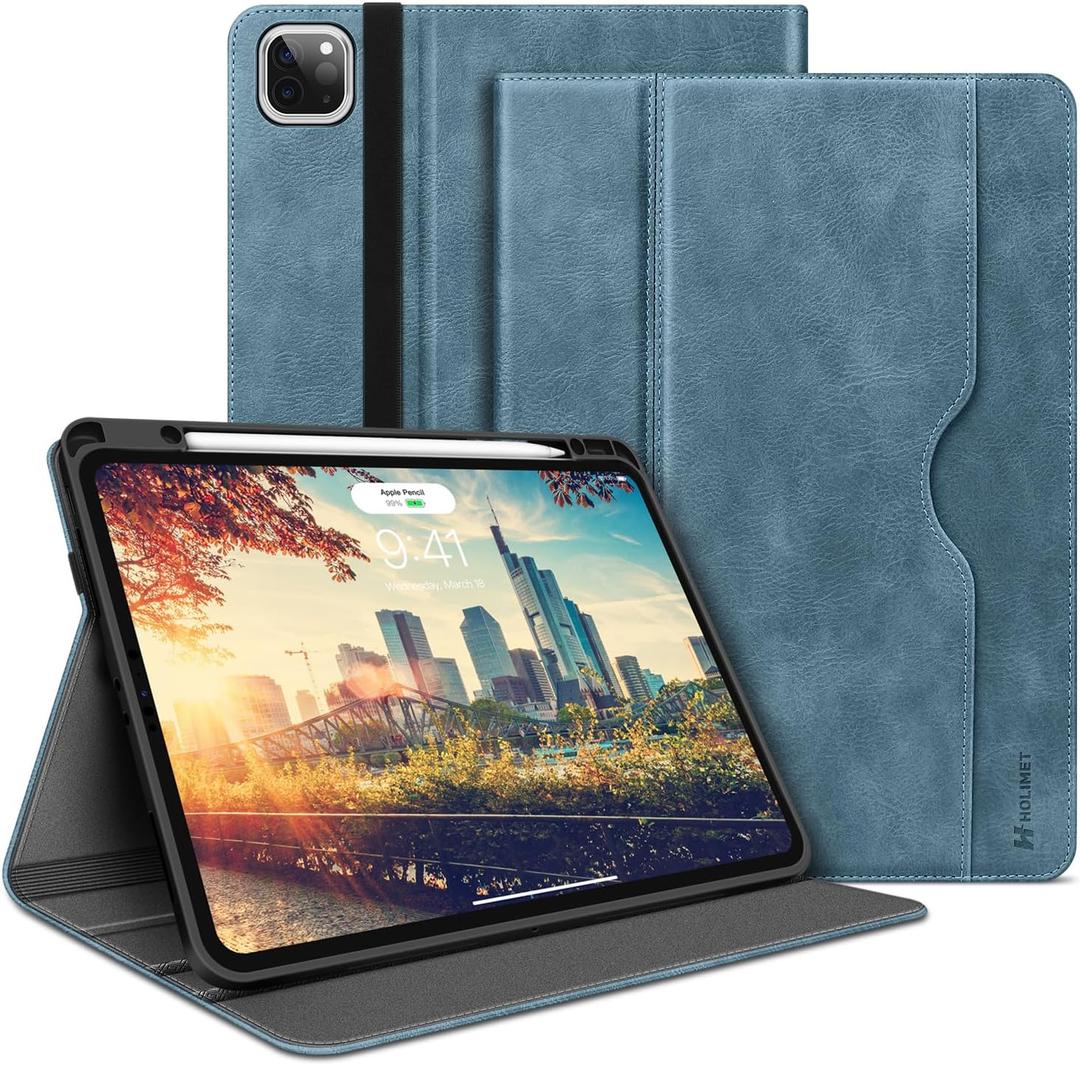H HOLIMET Case for iPad Pro 12.9 6th/5th/4th/3rd Generation 2022 2021 2020 2018 with Pencil Holder Pocket Folio Stand Cover Soft TPU Back Shockproof, Auto Sleep/Wake, Vegan Leather (Blue)