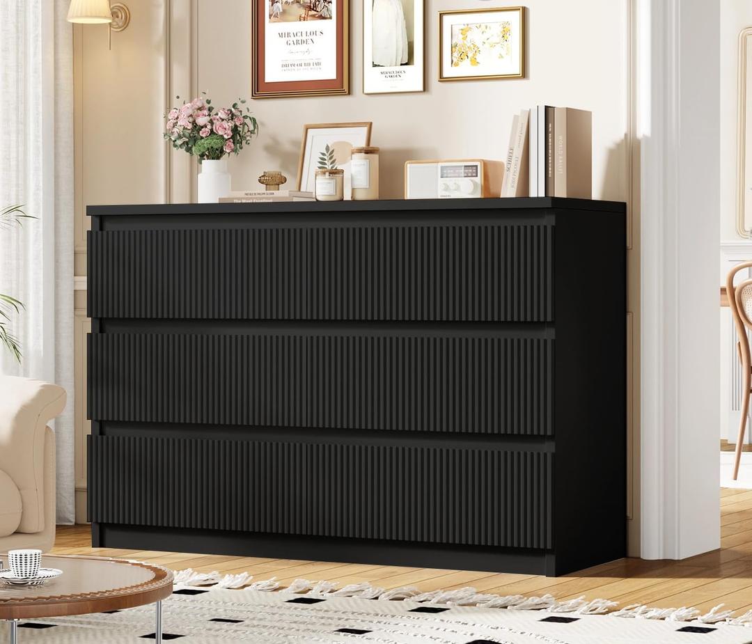 6 Drawer Dresser Black Modern Fluted Tall Wooden Chest Double Dresser for Bedroom, Living Room, Closet