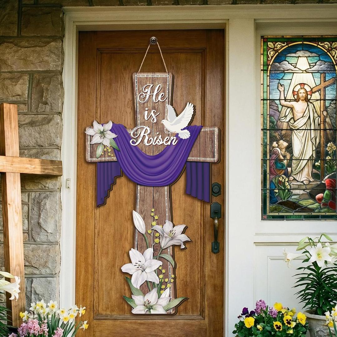 BBTO He Is Risen Easter Door Sign, 31.5 x 15.75 Inches Durable Wooden Religious Cross Hanging Decor Easter Wreaths for Front Door Christian Flowers Lent Hanging Hanger for Farmhouse Front Porch