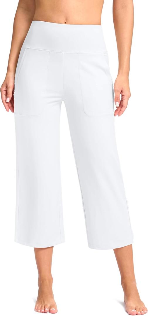 Women's Capri Pants with Pockets High Waist Yoga Pants Wide Leg Workout Crop Summer Pants for Casual, Travel, Exercise(White, XL)
