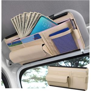 Car Sun Visor Organizer, Car Visor Pocket Wallet Pouch Holder, Vehicle Sunshade Glasses Case Storage Bag with Multi-Pocket Net Zipper, Auto Interior Accessories Universal for SUV Truck Van (Beige)