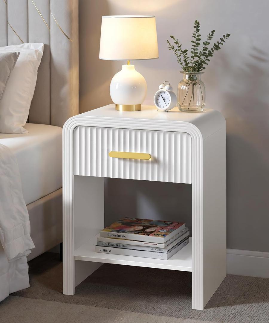 SUMGAR White and Gold Nightstand Fluted Mid Century Modern Night Stand Bedroom Bedside Table Nightstands Organiser Storage Simple Aesthetic Night Stands Side Table End Table for Girls Women Bed