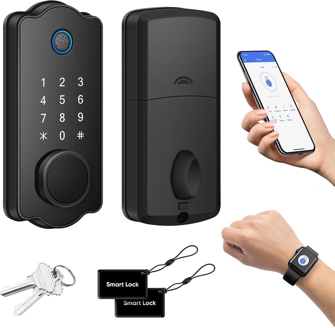 Fingerprint Smart Door Lock, Keyless Entry Deadbolt, Electronic Biometric Deadbolt with Phone/Watch App Control, Auto Lock with Touchscreen Keypad for Bedroom, Front Door, 7 Ways to Unlock