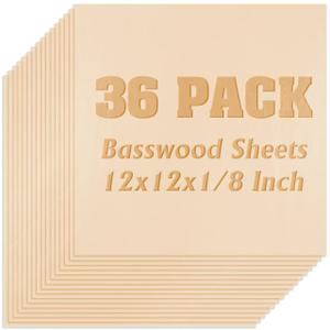 36 Pack Basswood Sheets Plywood Board 1/8 Inch Unfinished Wood,3mm Plywood for Laser Cutting,Boards for Crafts for DIY Plywood Sheets Unfinished Wood Boards for Laser Cutting(12inchx12inch)