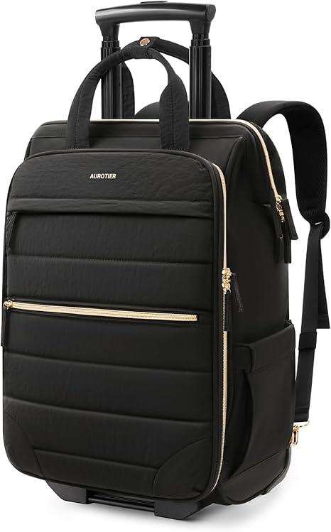 Rolling Puffer Backpack for Women, Travel Backpack with Wheels, 16 Inch Wheeled Laptop Backpck, Dual-Opening Design Overnight College Underseat Carry on Luggage, Roller Business Work Bag, Black