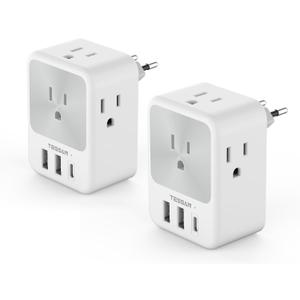 European Travel Plug Adapter 2 Packs, TESSAN Europe International Power Adaptor with 4 Outlets 3 USB Charging Ports (1 USB C), Type C Plug for Germany Iceland Spain Italy France