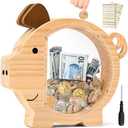 Piggy Bank for Kids Adults, Vcertcpl Wooden Piggy Banks with Acrylic Clear Sides, Unbreakable Piggy Bank for Boys Girls Money Saving Box, Kids Bank for Real Money Bank Coin Bank Change Jar