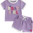 Kayotuas Toddler Baby Girl Summer Clothes 3D Flower Bow Short Sleeve T Shirt Tops Shorts 2Pcs Set Cute Infant Waffle Outfits (Purple)