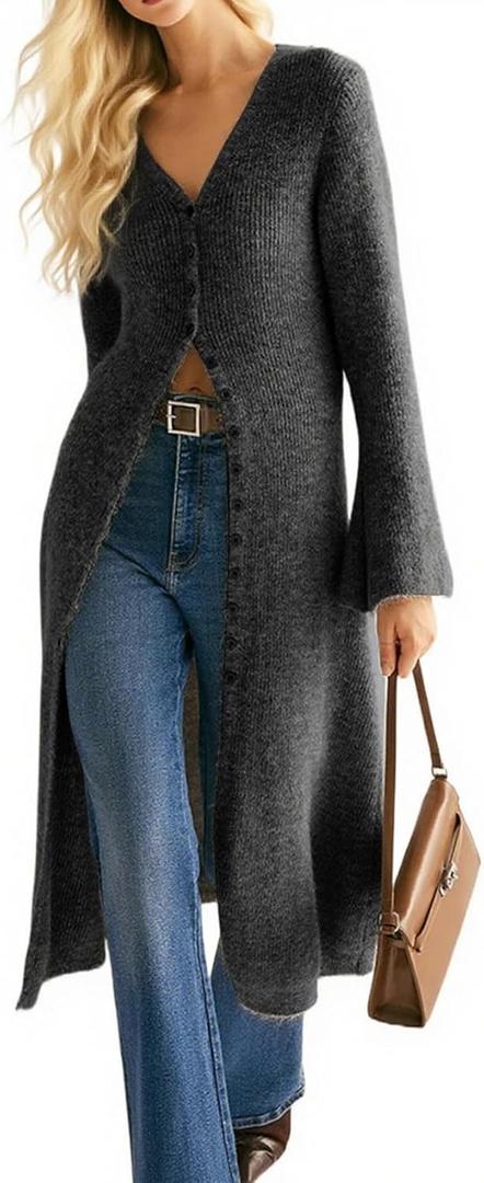 Womens Long Cardigan Sweaters Button Down Bell Sleeve Open Front Ribbed Knit Midi Dress Fall Trendy Outfits (Medium, Black Grey)