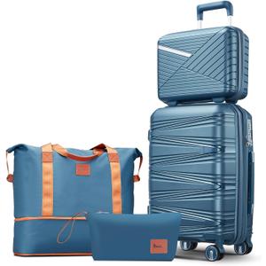 TRAVELEO 4 Piece Carry On Luggage Set 20 Inch, Expandable PP Hardshell Suitcase with Detachable Spinner Wheels TSA Lock, Includes Cosmetic Case, Travel Tote & Toiletry Bag, Lightweight (Peacock Blue)