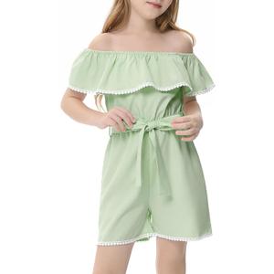 Girls Jumpsuit One Piece Ruffle Romper Kids Sleeveless Christmas Jumpsuit with Elastic Waist Bow Strap (5-6 Years, Light Green)