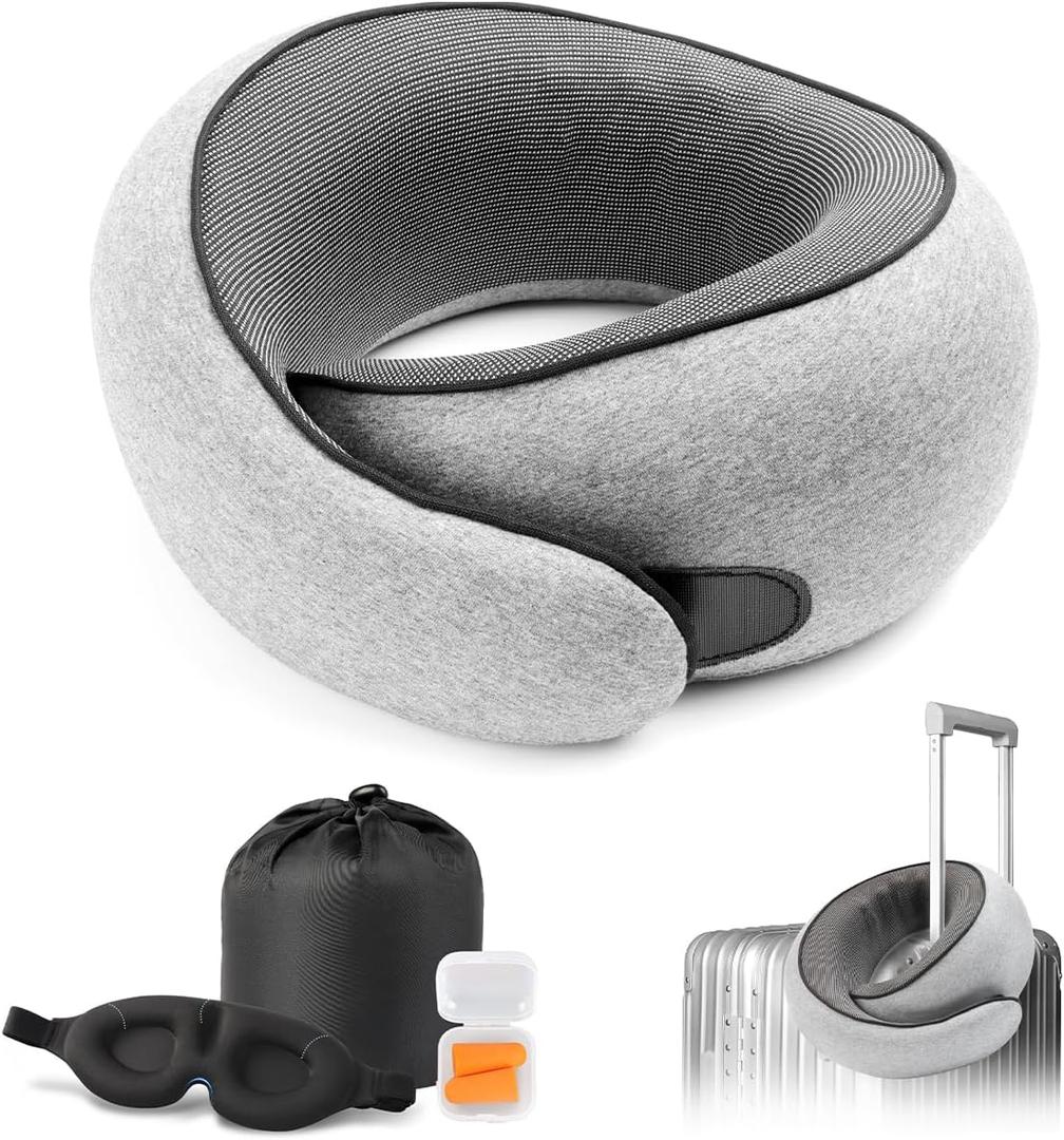 Travel Neck Pillow with 100% Pure Memory Foam, G-Shape, Includes Eye Mask & Ear Plugs, Ergonomic Design for Airplane, Car & Office, etc, Beige Gray