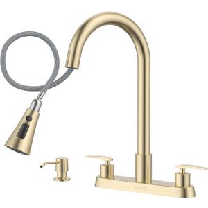 DAYONE 2 Handle Kitchen Faucet with Pull Down Sprayer Brushed Gold, 4 Holes Sink Faucets for Kitchen/RV with Soap Dispenser Stainless Steel