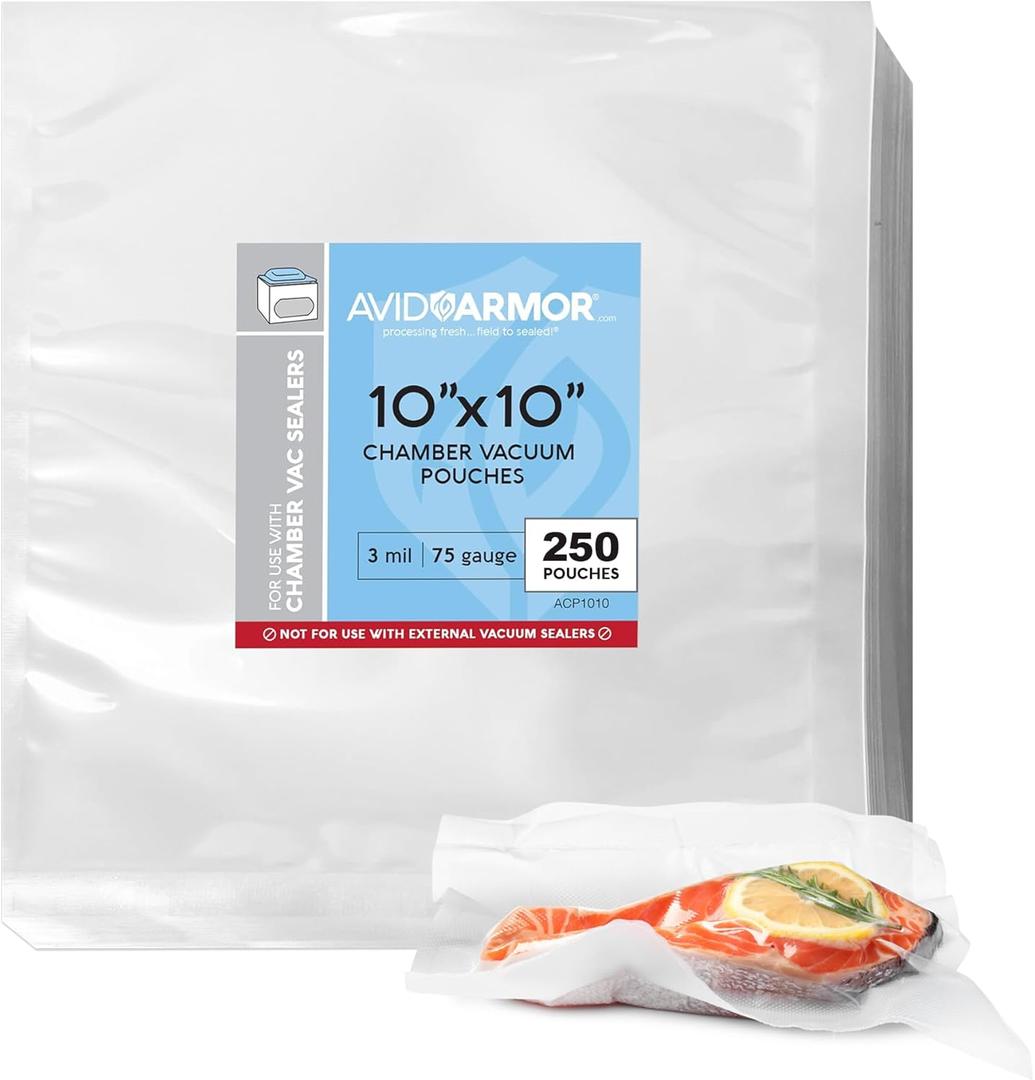 Avid Armor Chamber Vacuum Sealer Bags  Heavy Duty, BPA-Free, Pre-Cut Chamber Vacuum Bags for Food Preservation, Freezer Storage, Sous Vide and more, 250/Pack (10x10)  Multi-Use Vacuum Bags