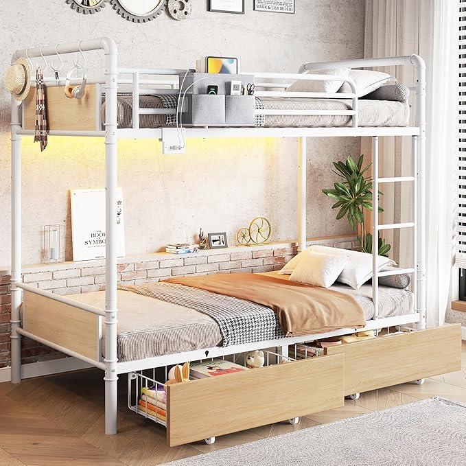 Metal LED Bunk Bed Twin Over Twin with 2 Storage Drawers, USB Charging Station, Industrial Bunkbeds Heavy Duty Bed with Safety Guardrail and Ladder, No Box Spring Needed, White
