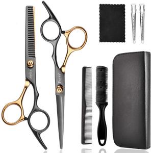 Hair Cutting Scissors Kit, Fcysy Professional Barber Shears Set with Hair Scissors Thinning Shears, Tijeras para Cortar Cabello Haircutting Sheers Hair Cut Blending Salon Scissor for Men Women Pet (Goldblack)