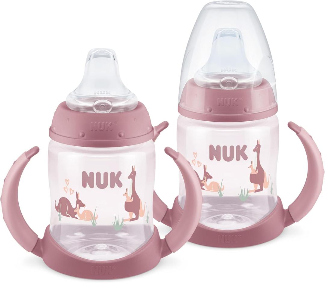 NUK First Choice Learner Cup 2.0, 5 oz. Sippy Cup with Handles, Spill Proof, Leak Proof Soft Straw Cup, 2-Pack (Pink Kangaroos)