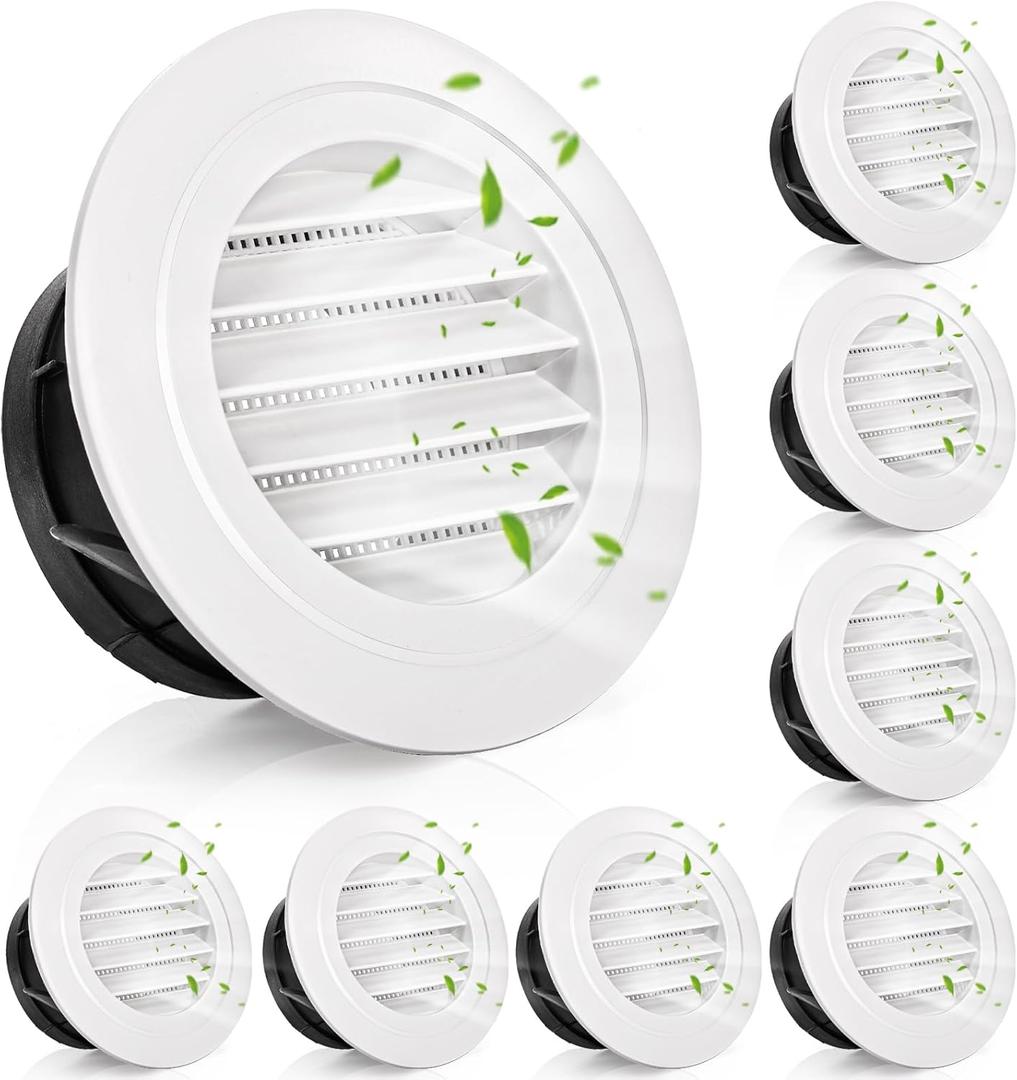 8 Pack Air Vent Round, 4 Inch Air Soffit Vent, ABS Louver Vent Cover with Built-in Fly Screen Mesh, Ceiling Louver Grille Cover for Garage, Bathroom, Kitchen, Office, Home Ventilation
