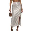 AuInHer Women's Sequin Midi Skirt, Silver Sparkly High Waisted Bodycon Party Skirt with Front Slit and Back Elastic Waist