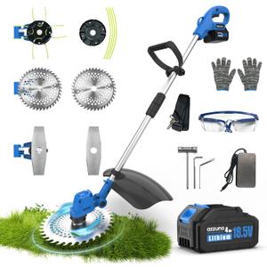 AZZUNO 21V 12-inch Brushless Weed Wacker Cordless Grass Eater Electric Lawn String Trimmer, Lightweight Brush Cutter 4.0Ah Battery Powered with Charger and Blades for Garden Yard (Blue)