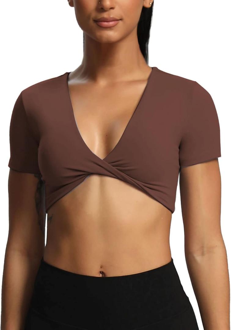 Aoxjox Short Sleeve Crop Tops for Women Sienna Twist Deep V Workout Cropped T Shirt Top (Dandelion Brown, XX-Large)