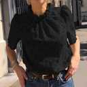 PRETTYGARDEN Summer Tops for Women 2026 Short Sleeve Embroidered Eyelet Shirts Dressy Casual Blouses Spring Fashion Clothes (Black, L)