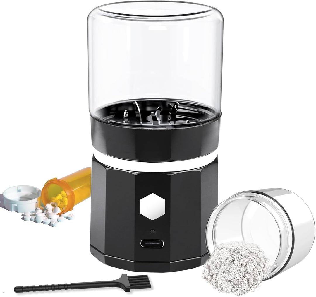 Portable Cordless Electric Pill Crusher, Pill Crusher Grinder Fine Powder, Grind and Pulverize Multiple Pills & Vitamins Extremely Fine for Elderly, Suitable for Travel, Home, Workplace (Black)