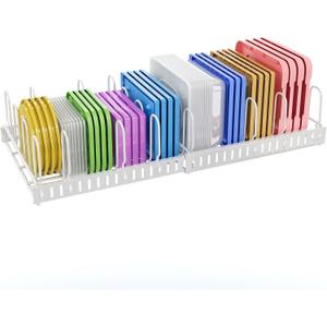 X-cosrack Expandable Food Container Lid Organizer,Large Capacity Adjustable 10 Dividers Detachable Lid Organizer Rack for Cabinets, Cupboards, Pantry Shelves, Drawers to Keep Kitchen Tidy,White