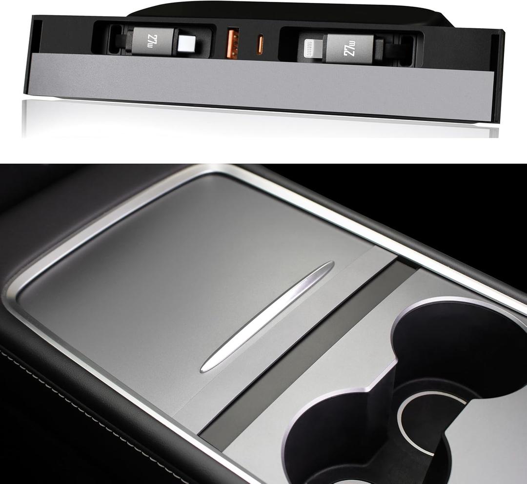 Car USB Hub Charger for Tesla Center Console with Fast Charging Retractable Cables Phone Charger Docking Station Accessories(Model Y 2021-2024 & Model 3 2021-2023)