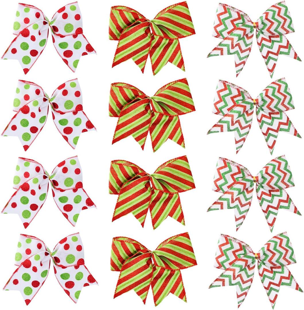 12 Pcs Wave Stripe Christmas Bows, 5 Inch Red Green Dots Bow for Christmas Tree Topper, Ornaments for Tree Home Coquette Room Birthday Party Front Door Wedding Holiday Decor