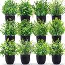 Der Rose Fake Plants 12 Pack Artificial Plants Small Faux Plants in Black Pot for Bathroom Home Office Table Decor Indoor (Green)