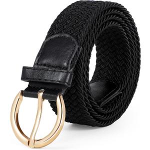 JASGOOD Women Men Braided Woven Elastic Stretch Waist Belt Golf Canvas Fabric Casual Belt for Jeans Pants (Black)