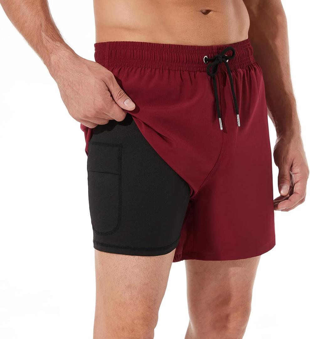 BRISIRA Mens Swim Trunks Swim Shorts Quick Dry 5 inch Inseam Beach Shorts with Compression Liner and Zipper Pocket (34, Winered)