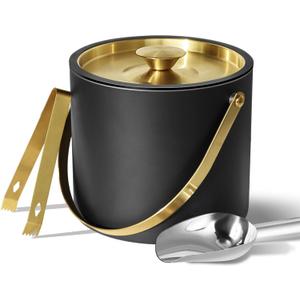 3L Ice Bucket with Silicone Lid, Scoop, Gold Tongs & Strainer, Stainless Steel Double Wall Insulated Ice Buckets for Parties & Cocktail Bar, Outdoor Champagne Ice Container Bin, Black (Matte Midnight Black)