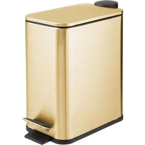 mDesign 1.3 Gallon Rectangular Slim Metal Trash Can w/ Foot Pedal, Easy-Close Lid, Narrow Wastebasket, Garbage Container Bin - Bathroom, Bedroom, Kitchen, Home Office, Removable Liner- Soft Brass
