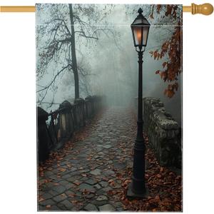 Fall City Street Lamp Landscape House Flags 28x40 Inch Double Sided for Outside, Autumn Park Mist Maple Leaf Linen Vertical Canvas Home Flag, Urban Front Yard BackYard Print Flag