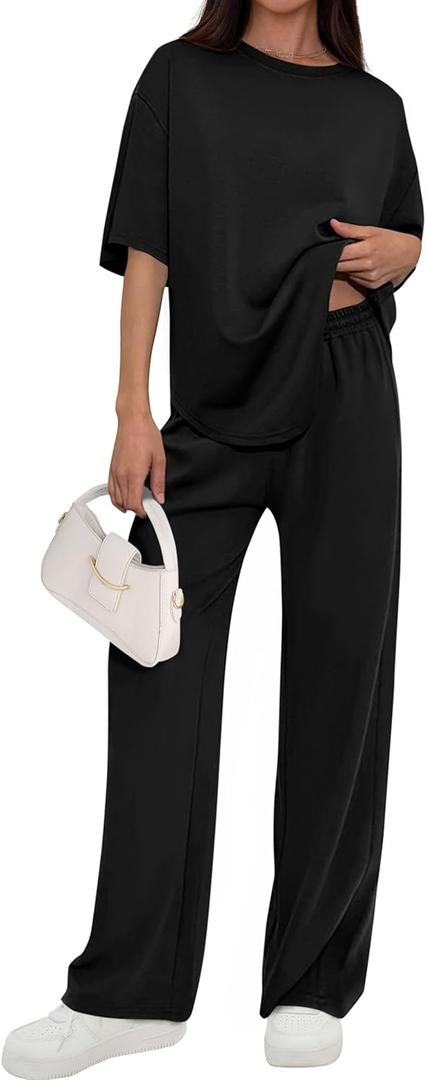 PRETTYGARDEN 2 Piece Lounge Sets for Women Summer 2026 Short Sleeve Matching Airport Travel Outfits Casual Spring Clothes (Small, Black)