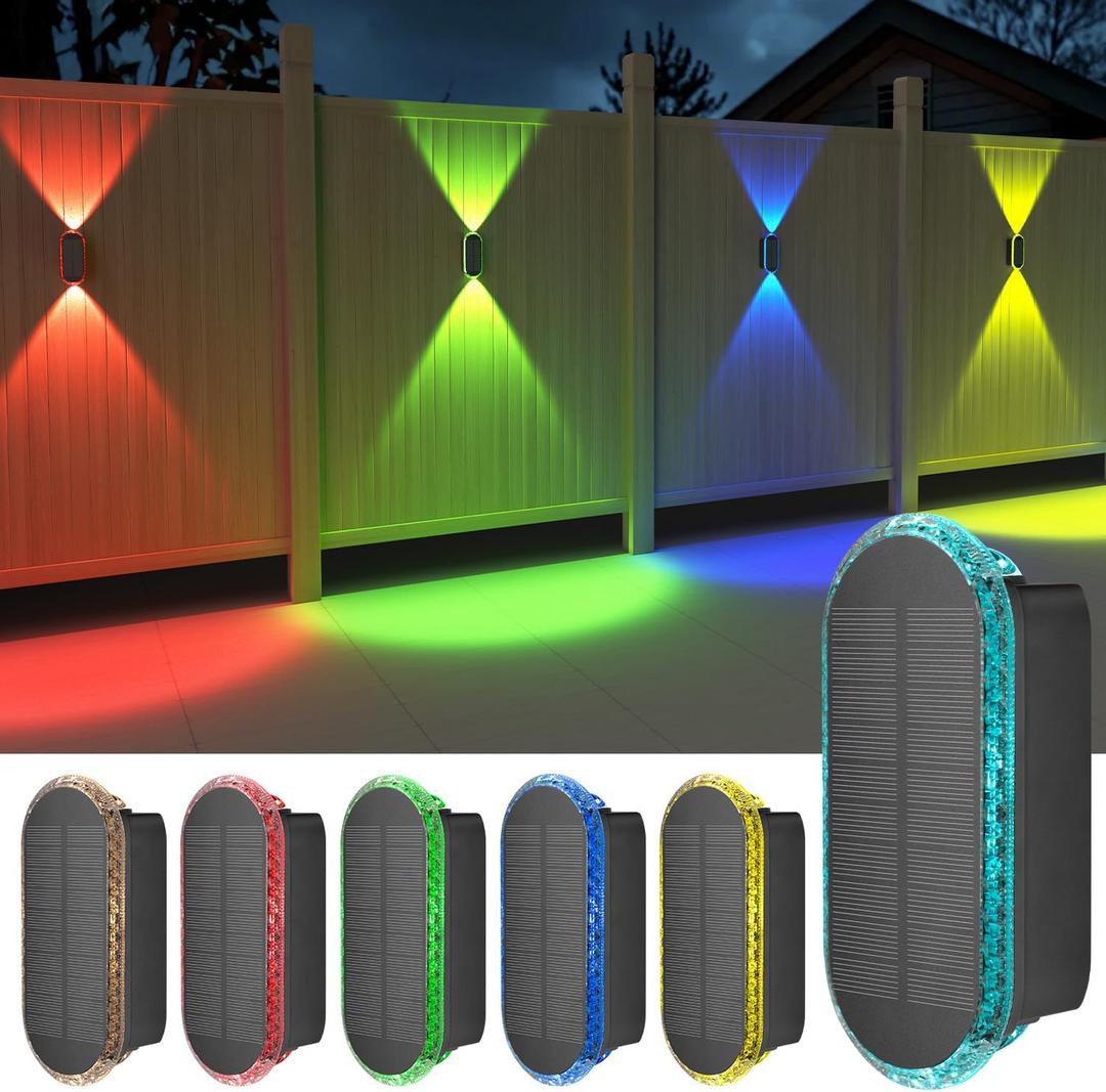 Ellasay Solar Fence Lights Backyark: 6-Pack Fence Lights Solar Powered 8 WRGB Color Modes - Up & Down Waterproof Solar Wall Lights for Outdoor/Yard/Poolside/Porch/Patio/Railing