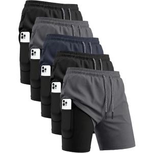HOPLYNN 5 Pack Mens 2 in 1 Running Shorts with Liner, Quick Dry Workout Training Gym Athletic Sport Shorts with Pockets (Black, L)
