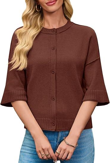 Saodimallsu Womens 3/4 Sleeve Cardigan Sweaters Button Down Crewneck Knit Cropped Tops Casual Fall Outerwear, Brown, S